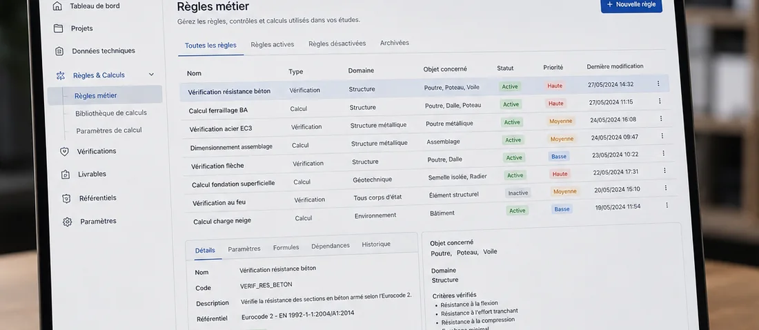 Interface de gestion des règles de calcul métier