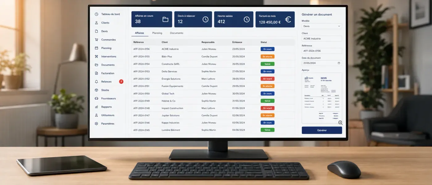 Un logiciel métier sur mesure ouvert sur ses affaires en cours, sur poste de travail
