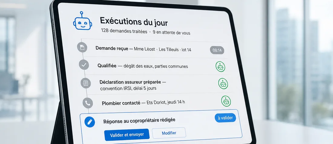 Chaîne d'exécution d'un agent sur un dégât des eaux, quatre actions menées seules et une réponse en attente de validation du gestionnaire