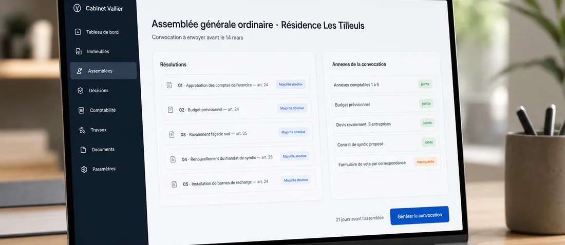 Écran de préparation d'une convocation d'assemblée générale, avec ses résolutions et leurs majorités d'un côté, la liste de ses annexes de l'autre