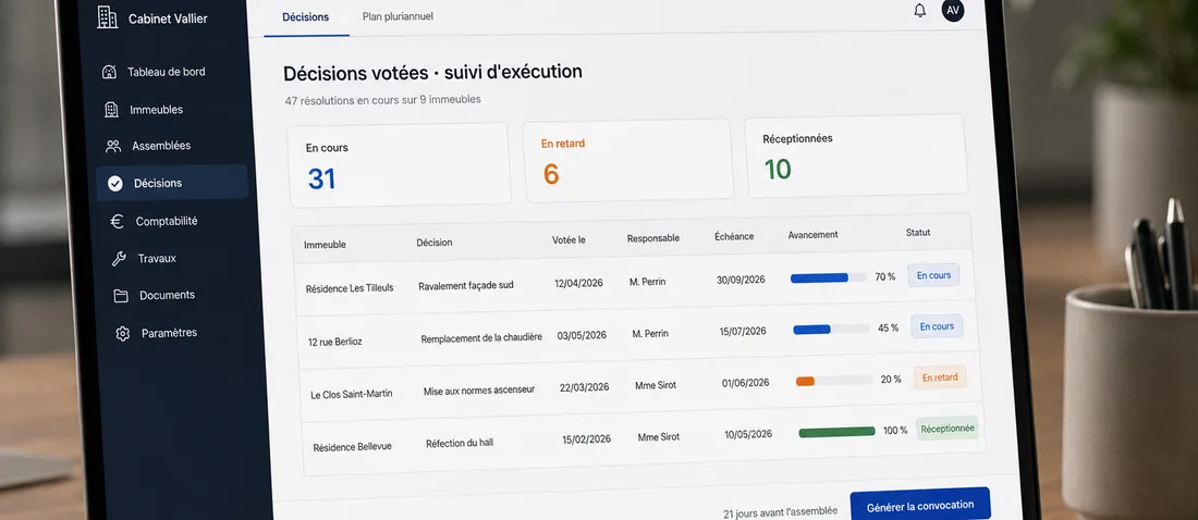 Registre des décisions votées, une ligne par résolution avec son responsable, son échéance et son avancement