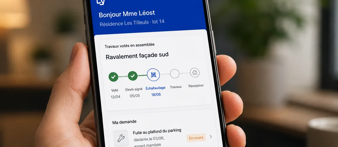 Extranet copropriétaire sur mobile, avec l'avancement d'un ravalement voté en assemblée et le suivi d'une demande en cours