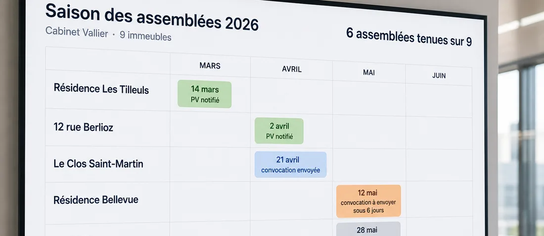 Planning de la saison des assemblées, un immeuble par ligne et son état d'avancement de mars à juin
